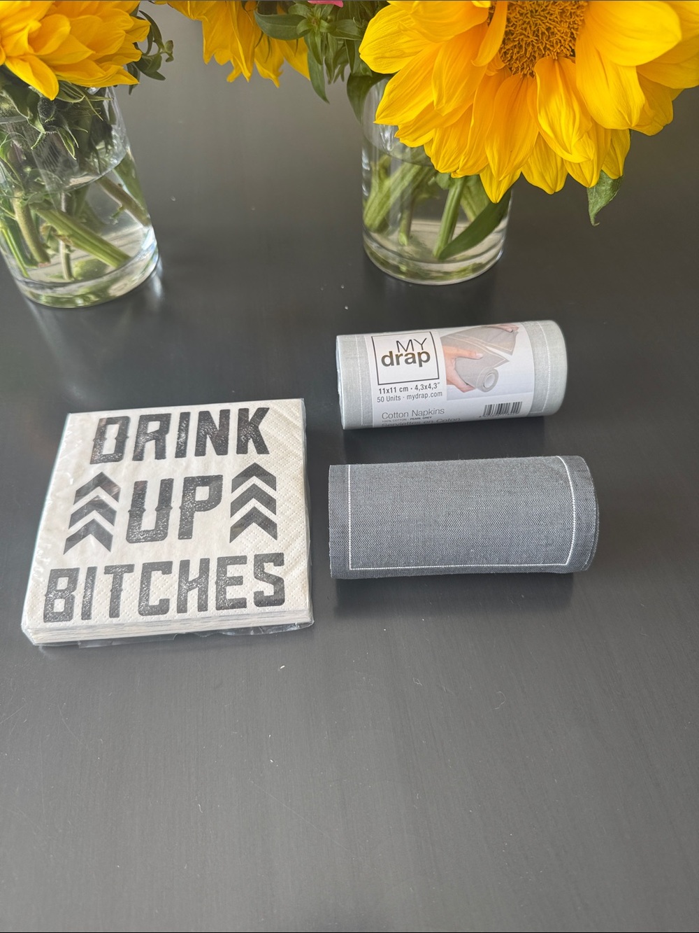 MY drap Gray Cotton Napkins + 'Drink Up Bitches' Cocktail Napkins